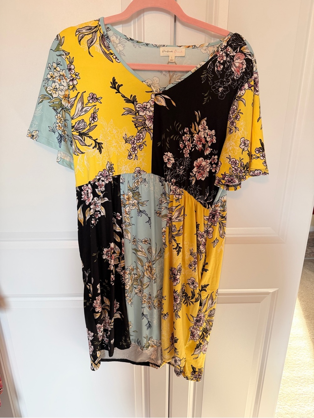 Floral Patchwork V-Neck Dress - Yellow, Black & Light Blue